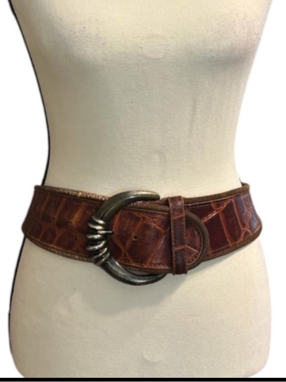 Vintage Express Genuine Leather Brown Croc Embossed Wide Belt M Y2K